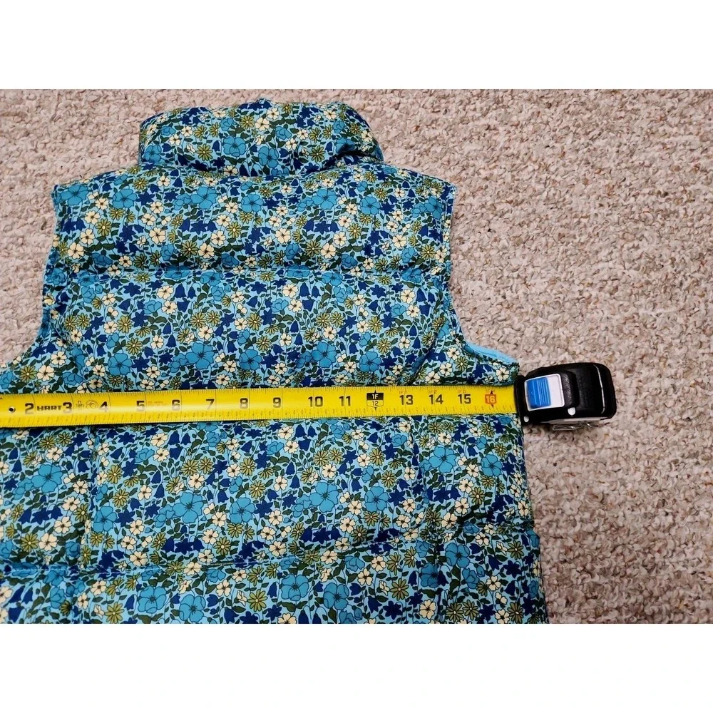 Lands' End Kids Girl's Down Quilted Puffer Vest Small 7-8 Blue Floral Zip Pocket